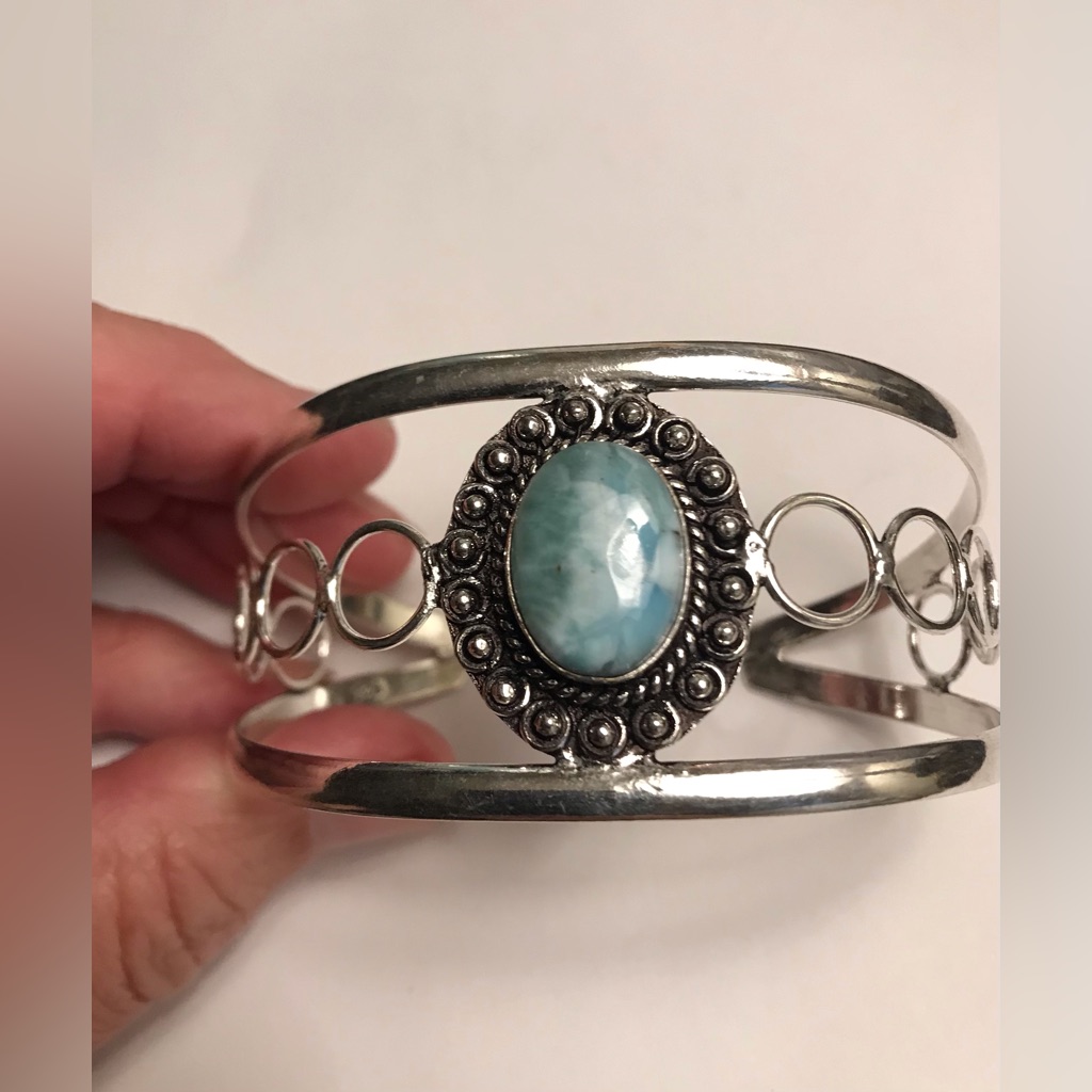 Larimar Stamped 925 Sterling Silver Cuff Bracelet 98$